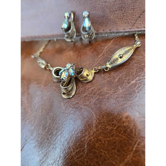 Jay Flex Sterling Silver Filigree Aurora Rhinestone Demi Parure Choker Earrings - Picture 5 of 11